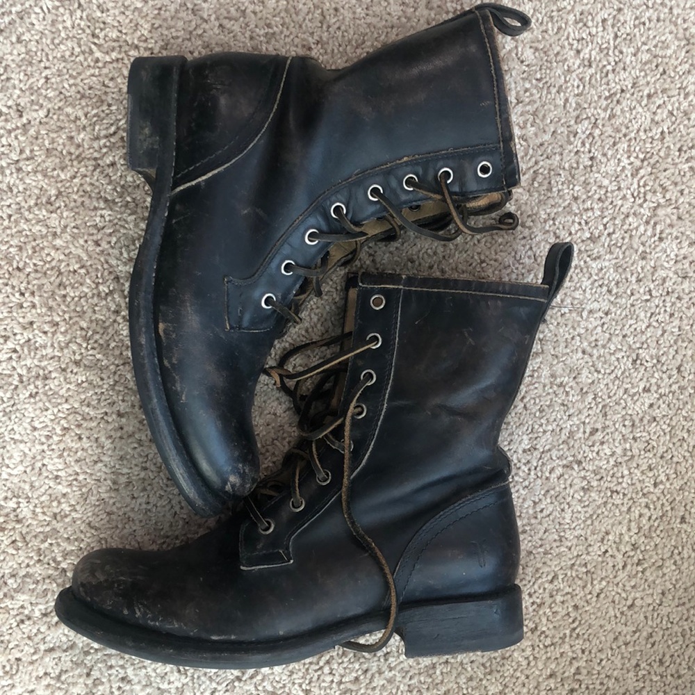 Frye Jenna black leather stonewash combat boots